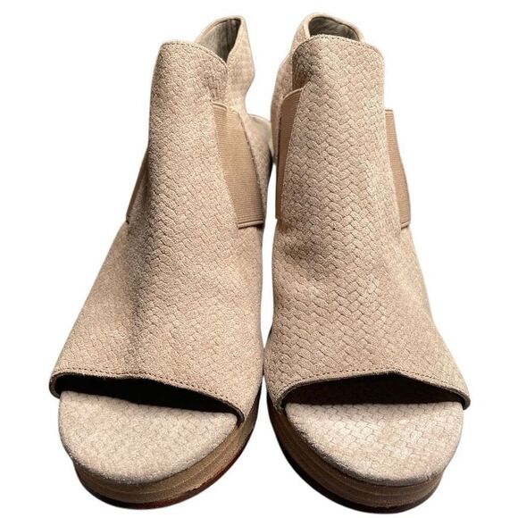 Eileen Fisher Womens Vero Cuoio Suede Peeptoe Wedges 9 Tan Herringbone Elastic - Picture 7 of 15